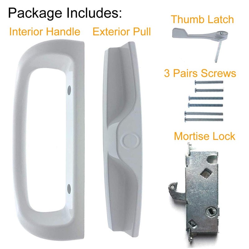 HauSun Patio Door Handle Set + Mortise Lock 45Â° Perfect Replacement for Sliding Glass Door Fits 3-15/16â€ Screw Hole Spacing, Non-keyed with Latch Locks,White Diecast,Reversible Design(Non-Handed) - Image 4